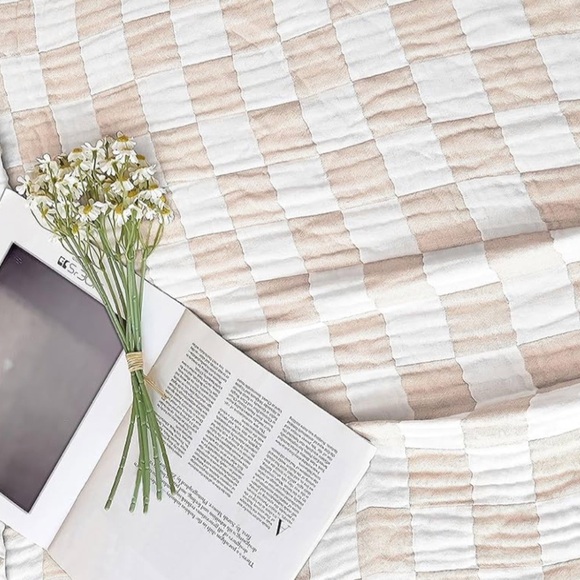 Organic Cotton Checkered Queen Blanket Coverlet Adult Size Tan Check 2 Side NEW - Picture 4 of 15